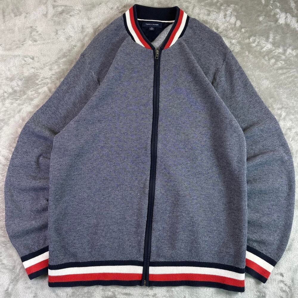 Tommy Hilfiger Full Zip Knit Sweater Gray Stripe Ribbed Bomber Jacket Men’s XXL